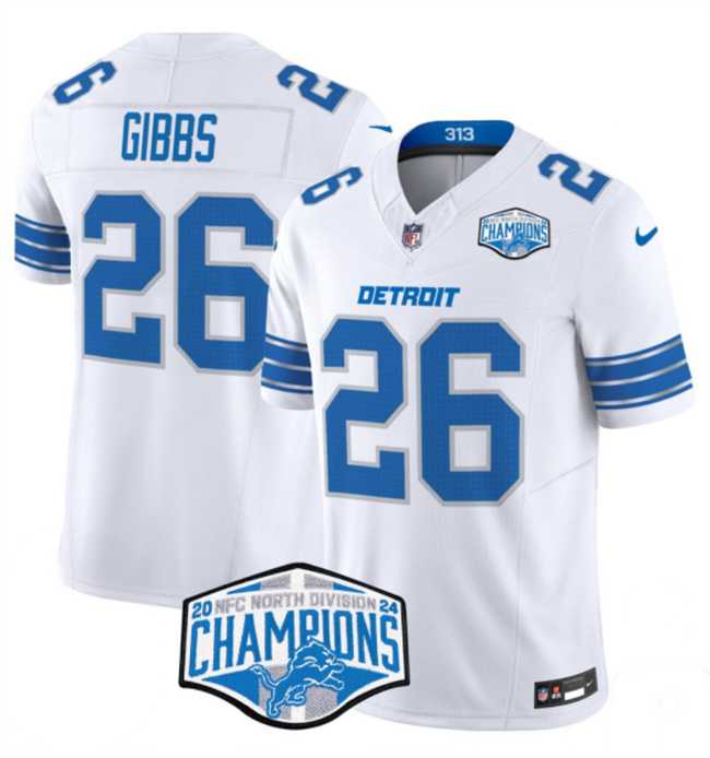 Men%27s Detroit Lions #26 Jahmyr Gibbs White 2024 NFC North Champions F.U.S.E. Vapor Limited Stitched Jersey